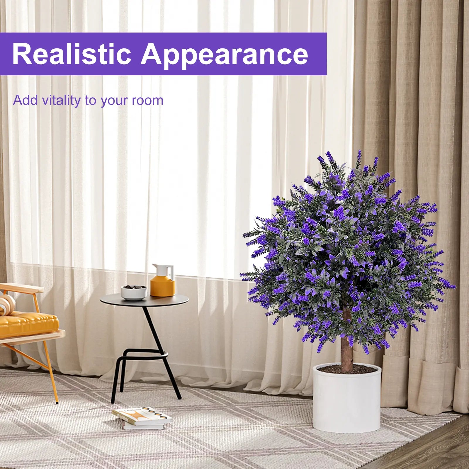 Artificial Lavender Topiary Ball Tree 24" with Ground Spike - Set of 2 UV Resistant Boxwood Bushes for Indoor and Outdoor Use - Fade-Proof Faux Evergreen Plants for Porch and Garden