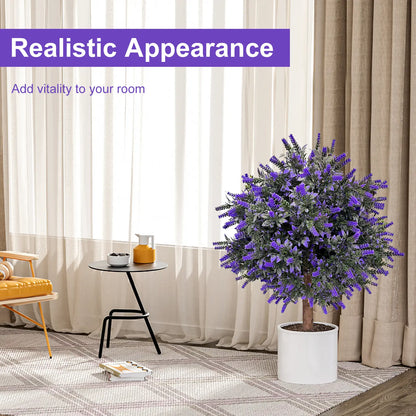 Artificial Lavender Topiary Ball Tree 24" with Ground Spike - Set of 2 UV Resistant Boxwood Bushes for Indoor and Outdoor Use - Fade-Proof Faux Evergreen Plants for Porch and Garden