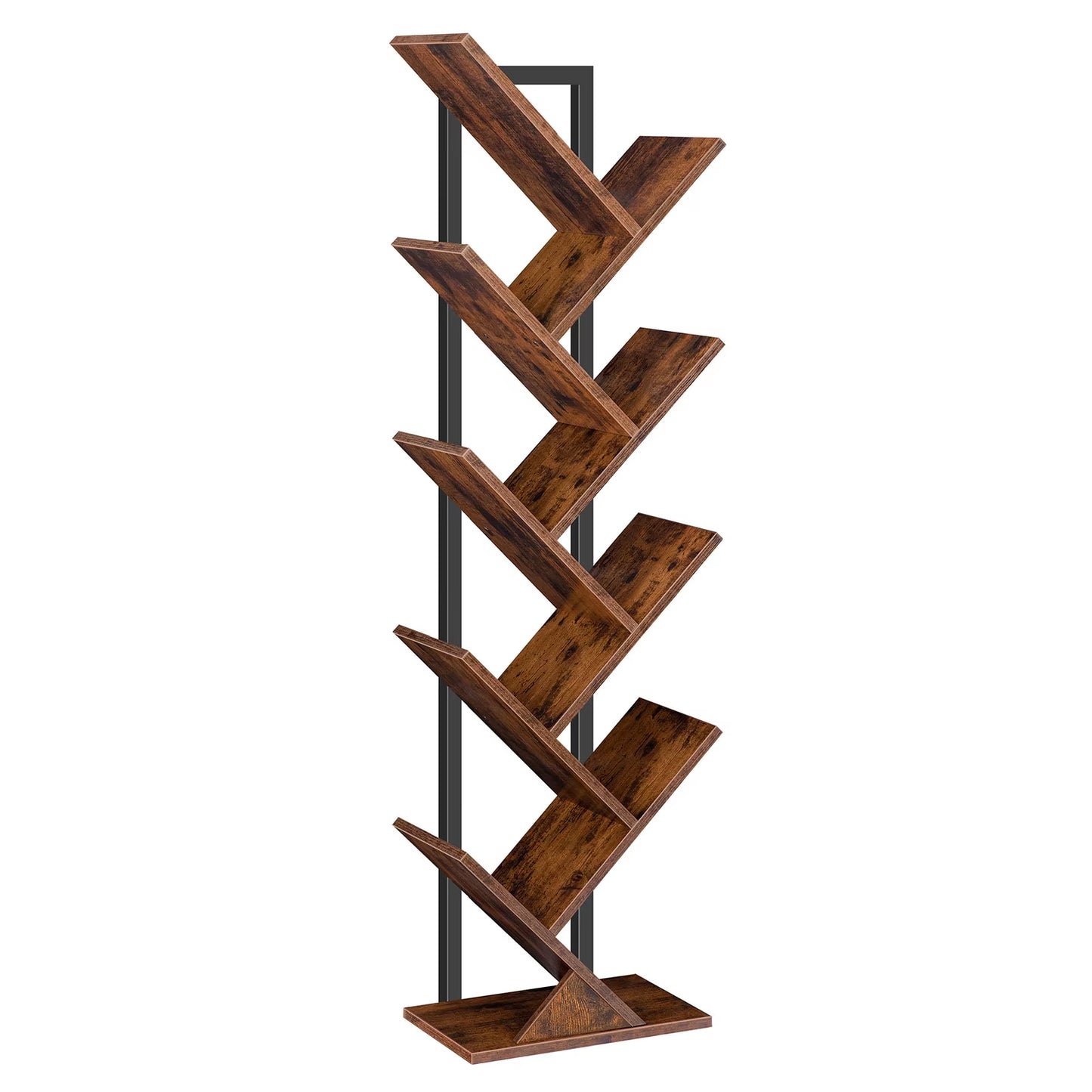 Tall 9-Tier Tree Bookshelf, Floor Standing Bookcase for CDs and Albums, Rustic Brown and Black Finish for Living Room