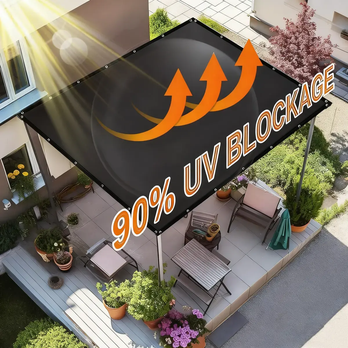 Outdoor patio with a sunshade displaying 90% UV blockage text