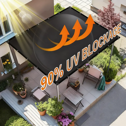 Outdoor patio with a sunshade displaying 90% UV blockage text