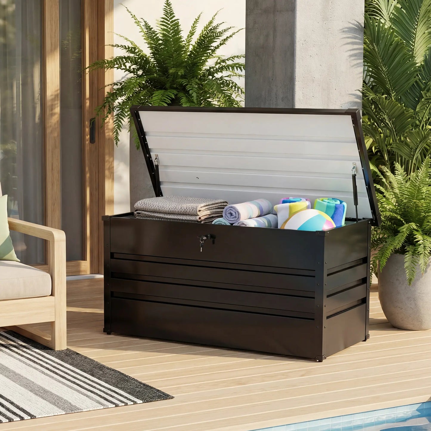 Lockable Outdoor Storage Deck Box - Versatile Bench or Table with Easy Snap-Together Assembly, Weather-Resistant Design for Patio and Pool Areas