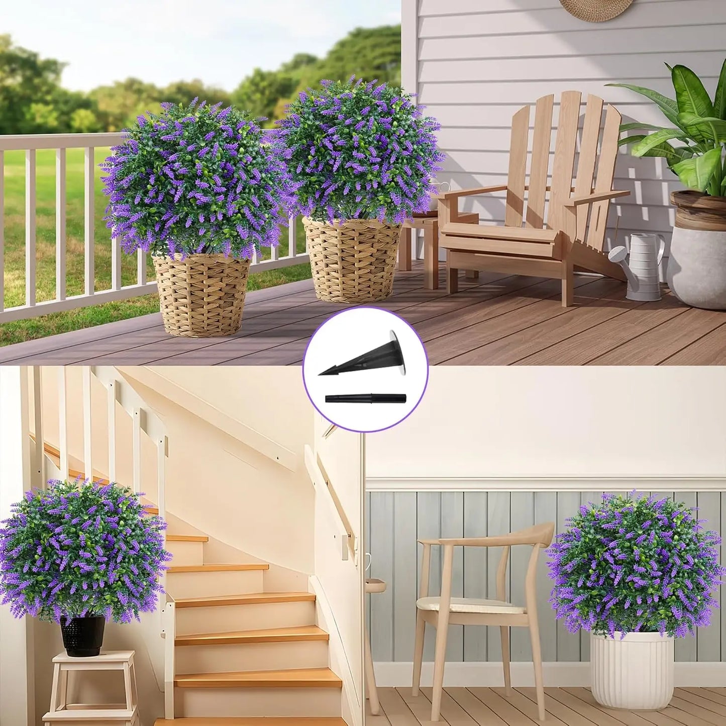 Artificial Lavender Topiary Ball Tree 24" with Ground Spike - Set of 2 UV Resistant Boxwood Bushes for Indoor and Outdoor Use - Fade-Proof Faux Evergreen Plants for Porch and Garden