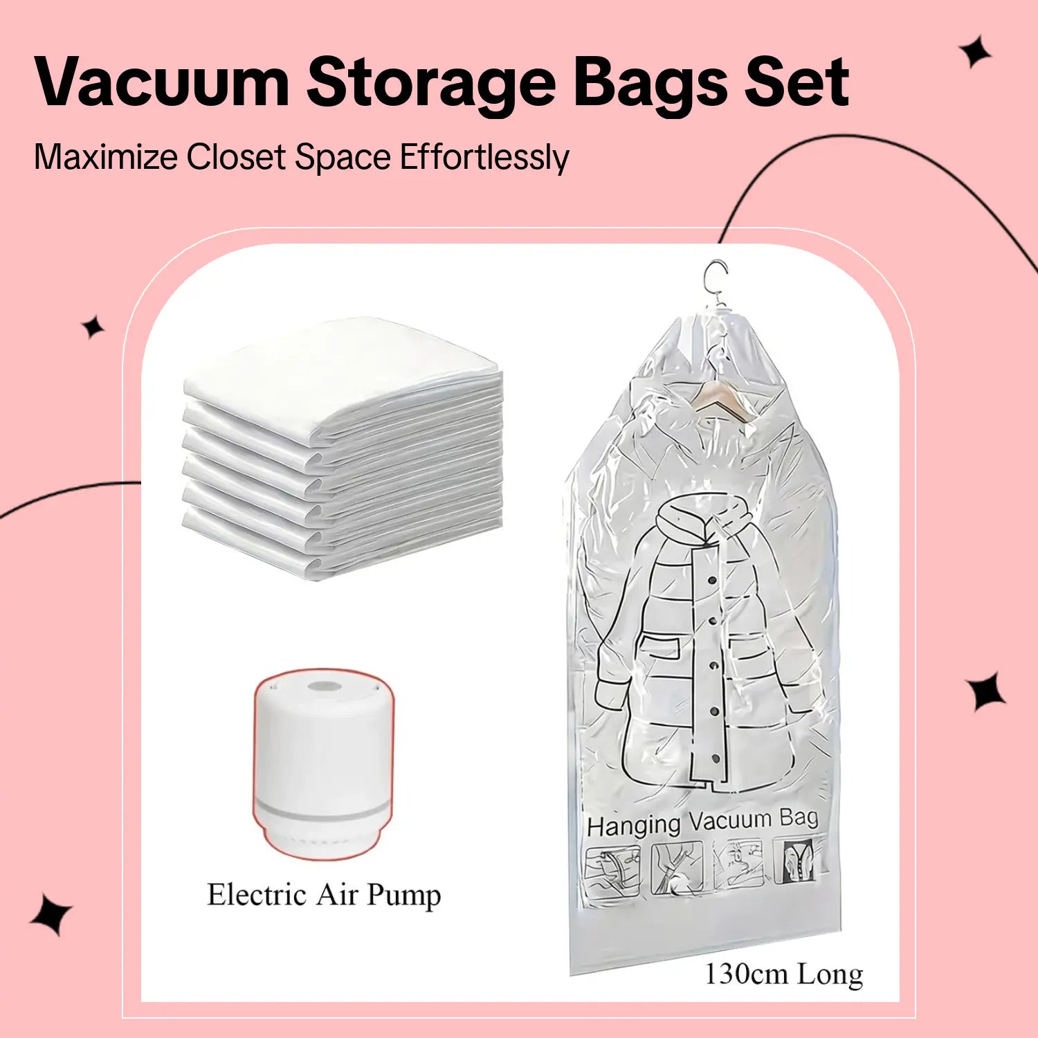 Hanging Vacuum Storage Sealer Bags - 6 Pack Set for Clothes, Suits, and Jackets with Electric Air Pump - 8 Pieces Total (4 Long, 4 Short) - Space Saving Closet Organizer for Travel
