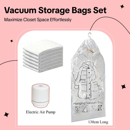 Hanging Vacuum Storage Sealer Bags - 6 Pack Set for Clothes, Suits, and Jackets with Electric Air Pump - 8 Pieces Total (4 Long, 4 Short) - Space Saving Closet Organizer for Travel