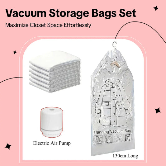 Hanging Vacuum Storage Sealer Bags - 6 Pack Set for Clothes, Suits, and Jackets with Electric Air Pump - 8 Pieces Total (4 Long, 4 Short) - Space Saving Closet Organizer for Travel
