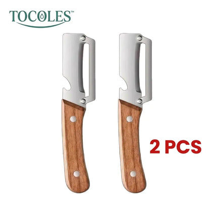 Ergonomic Wooden-Handled Vegetable and Fruit Peeler with Stainless Steel Blade and Integrated Bottle Opener