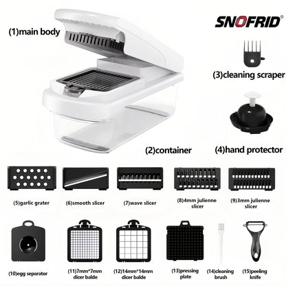 Snofrid 15-in-1 Multifunctional Vegetable Chopper - Professional Onion Chopper with 8 Blades and Container for Efficient Salad, Potato, Carrot, and Garlic Preparation