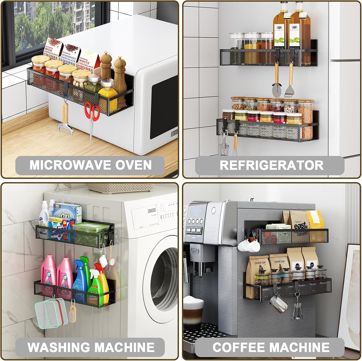 Magnetic Spice Rack Set for Refrigerator, 2-Pack with Adjustable Hooks, Kitchen Organizer and Storage Solution