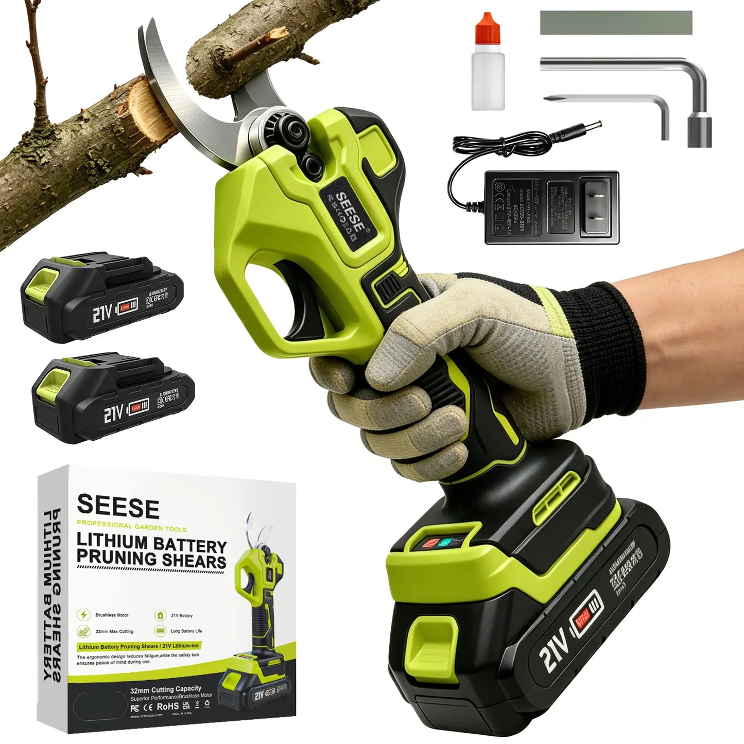 SEESE Cordless Electric Pruning Shears: 1.25" Cutting Capacity, Brushless Motor, Dual 21V Battery for Tree and Flower Trimming