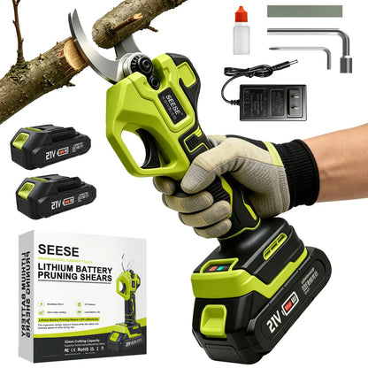 SEESE Cordless Electric Pruning Shears: 1.25" Cutting Capacity, Brushless Motor, Dual 21V Battery for Tree and Flower Trimming