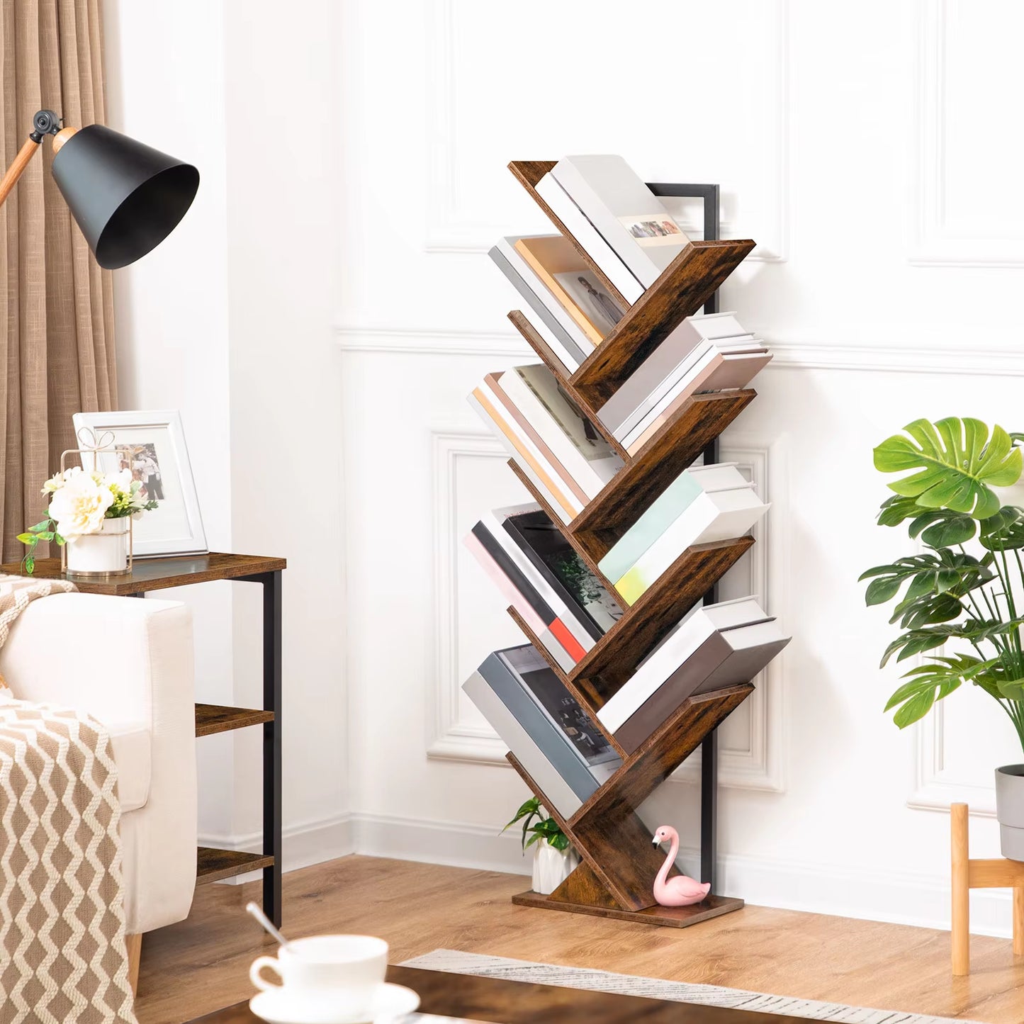Tall 9-Tier Tree Bookshelf, Floor Standing Bookcase for CDs and Albums, Rustic Brown and Black Finish for Living Room