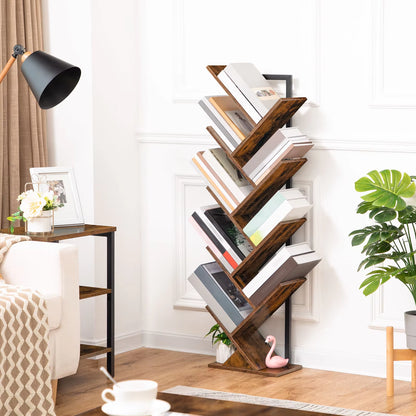 Tall 9-Tier Tree Bookshelf, Floor Standing Bookcase for CDs and Albums, Rustic Brown and Black Finish for Living Room