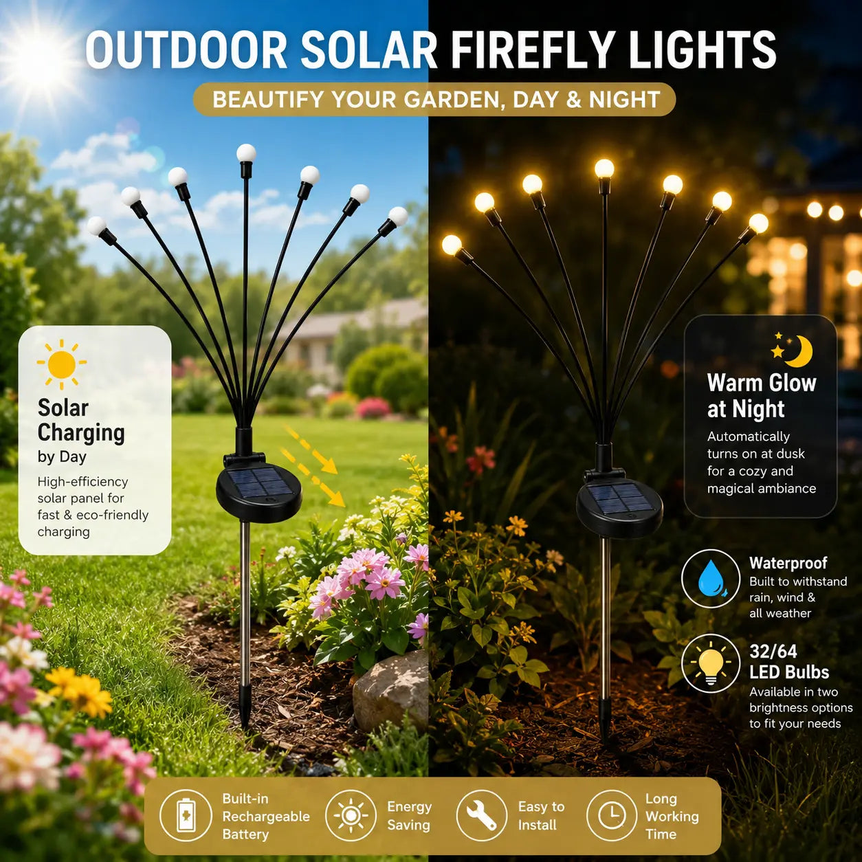 Professional Outdoor Solar Firefly Stake Lights - Waterproof Garden Lighting with Automatic Dusk-to-Dawn Function, Available in 4/8 Pack with 32/64 LED Bulbs for Yard, Patio, Pathway, and Landscape Decoration