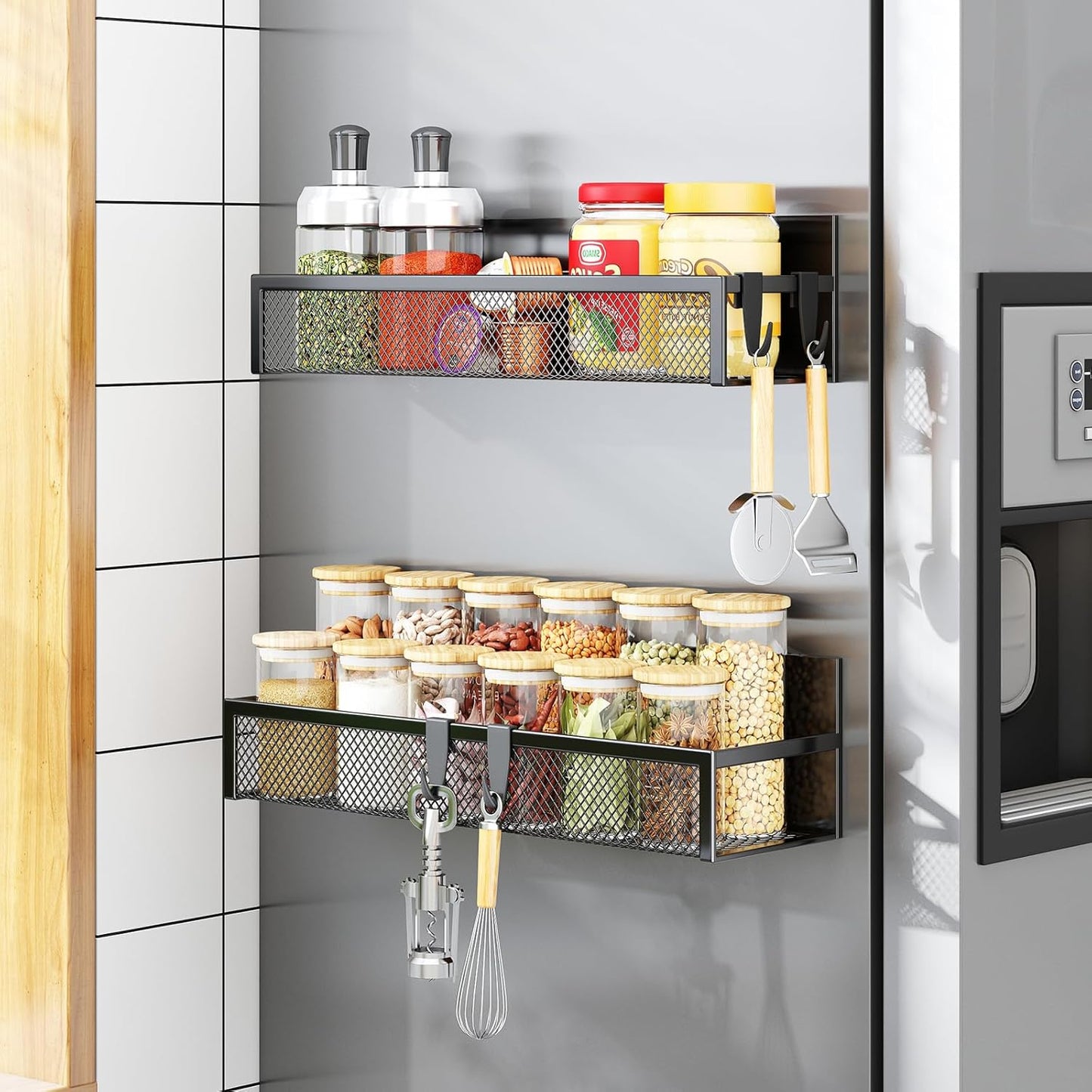 Magnetic Spice Rack Set for Refrigerator, 2-Pack with Adjustable Hooks, Kitchen Organizer and Storage Solution