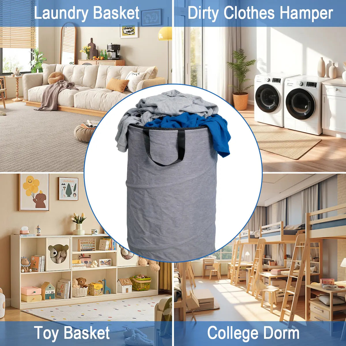 30-Gallon (109L) Collapsible Laundry Baskets - Foldable Pop-Up Hampers with Reinforced Handles for Versatile Storage in Bedrooms, Bathrooms, Children's Rooms, Dorms, and Travel