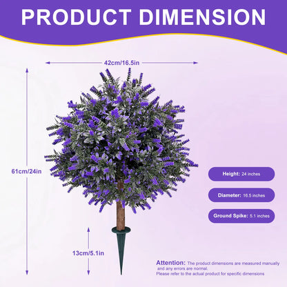 Artificial Lavender Topiary Ball Tree 24" with Ground Spike - Set of 2 UV Resistant Boxwood Bushes for Indoor and Outdoor Use - Fade-Proof Faux Evergreen Plants for Porch and Garden
