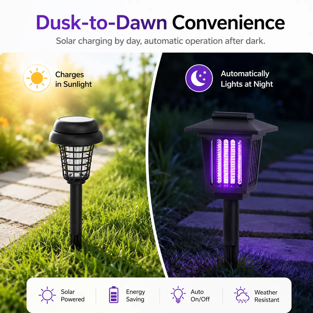 Solar-Powered Mosquito Zapper and Garden Stake Lamp – Dual-Mode Insect Control and Pathway Lighting, Weather-Resistant, Easy Installation, Available in Round and Square Designs