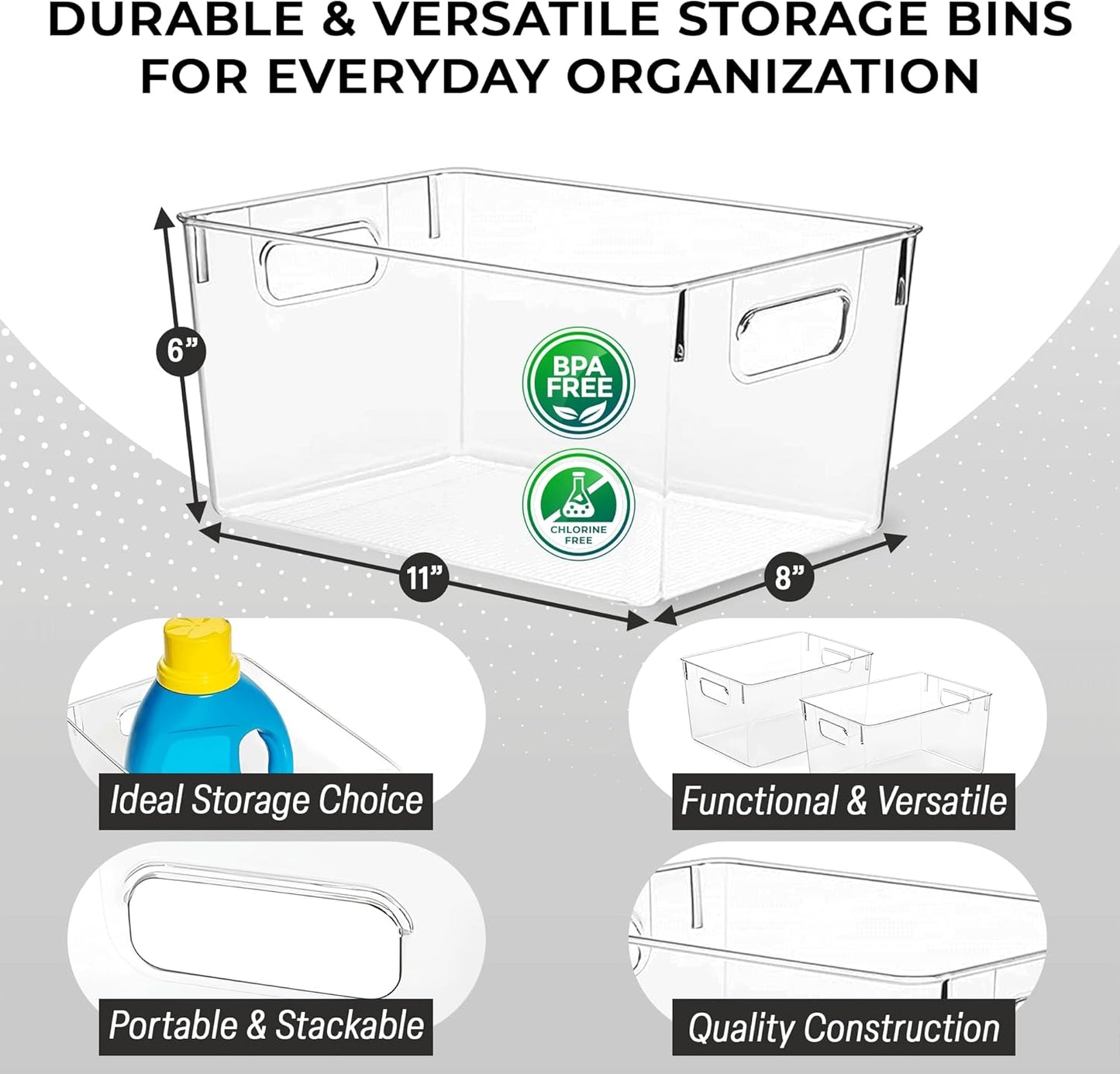 Plastic Storage Bins for Kitchen and Pantry Organization - 4 Pack Fridge and Cabinet Organizers