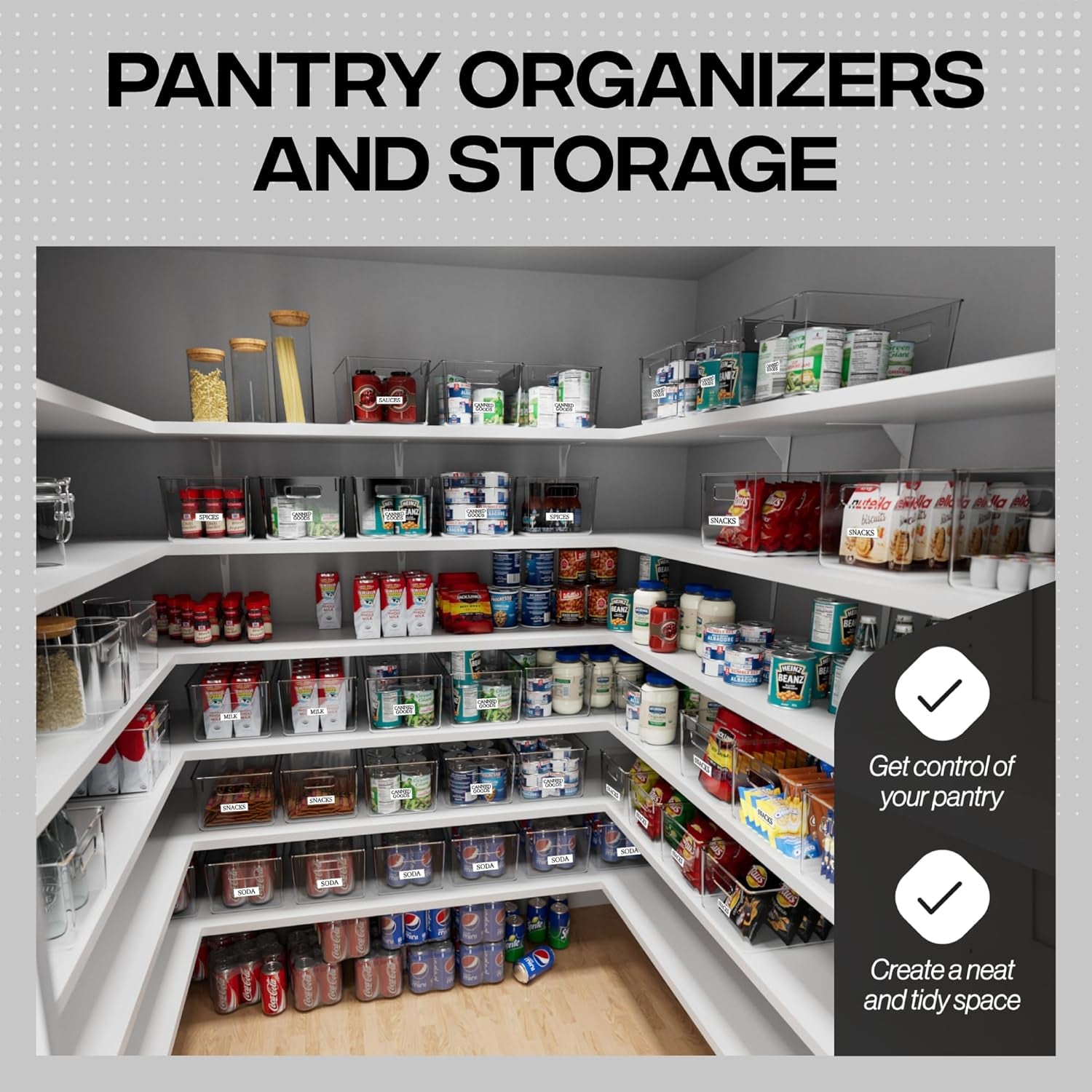Plastic Storage Bins for Kitchen and Pantry Organization - 4 Pack Fridge and Cabinet Organizers