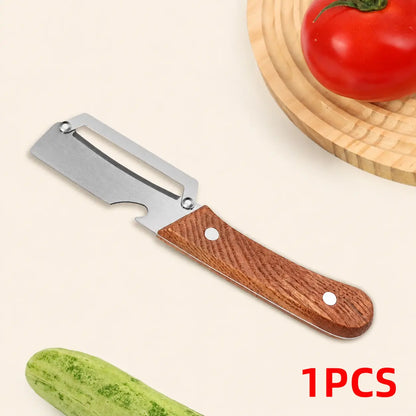 Ergonomic Wooden-Handled Vegetable and Fruit Peeler with Stainless Steel Blade and Integrated Bottle Opener