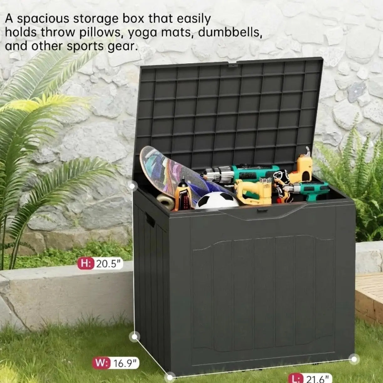 INTERGREAT 35 Gallon Outdoor Storage Box with Handles - Lockable Resin Patio Deck Container in Black and Brown