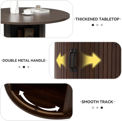 47" Black Round Dining Table for Four, Modern Fluted Kitchen Table with Two-Tier Storage and Sliding Door, Farmhouse Style for Dining Room and Compact Spaces