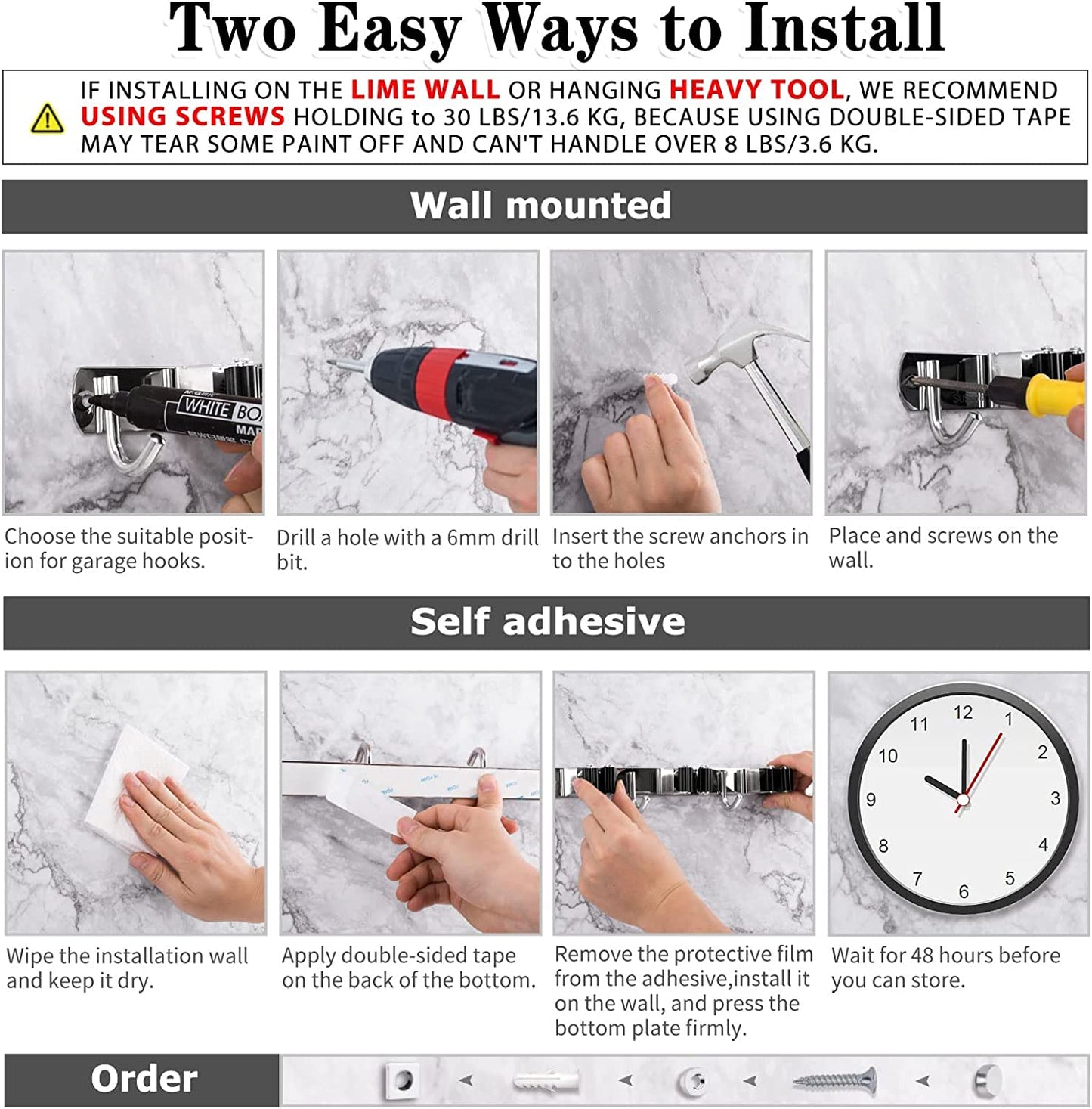 Heavy-Duty Stainless Steel Wall-Mounted Broom Holder with 5 Holders and 4 Hooks, Includes Nails for Installation, Self-Adhesive Mop and Brush Storage Solution
