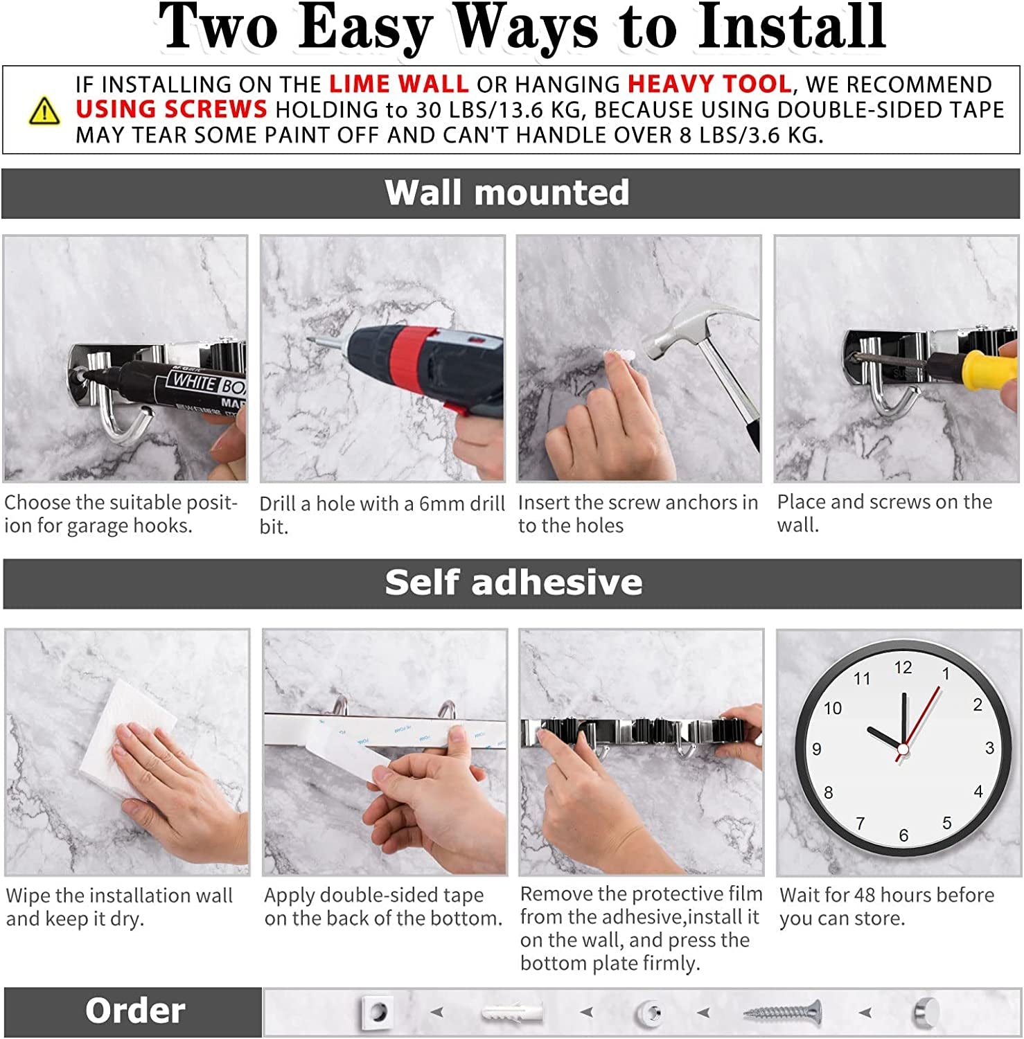 Heavy-Duty Stainless Steel Wall-Mounted Broom Holder with 5 Holders and 4 Hooks, Includes Nails for Installation, Self-Adhesive Mop and Brush Storage Solution