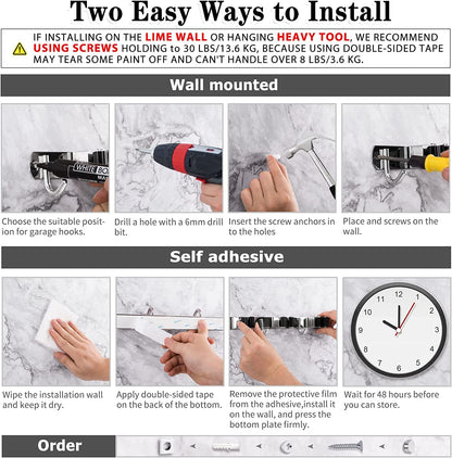 Heavy-Duty Stainless Steel Wall-Mounted Broom Holder with 5 Holders and 4 Hooks, Includes Nails for Installation, Self-Adhesive Mop and Brush Storage Solution