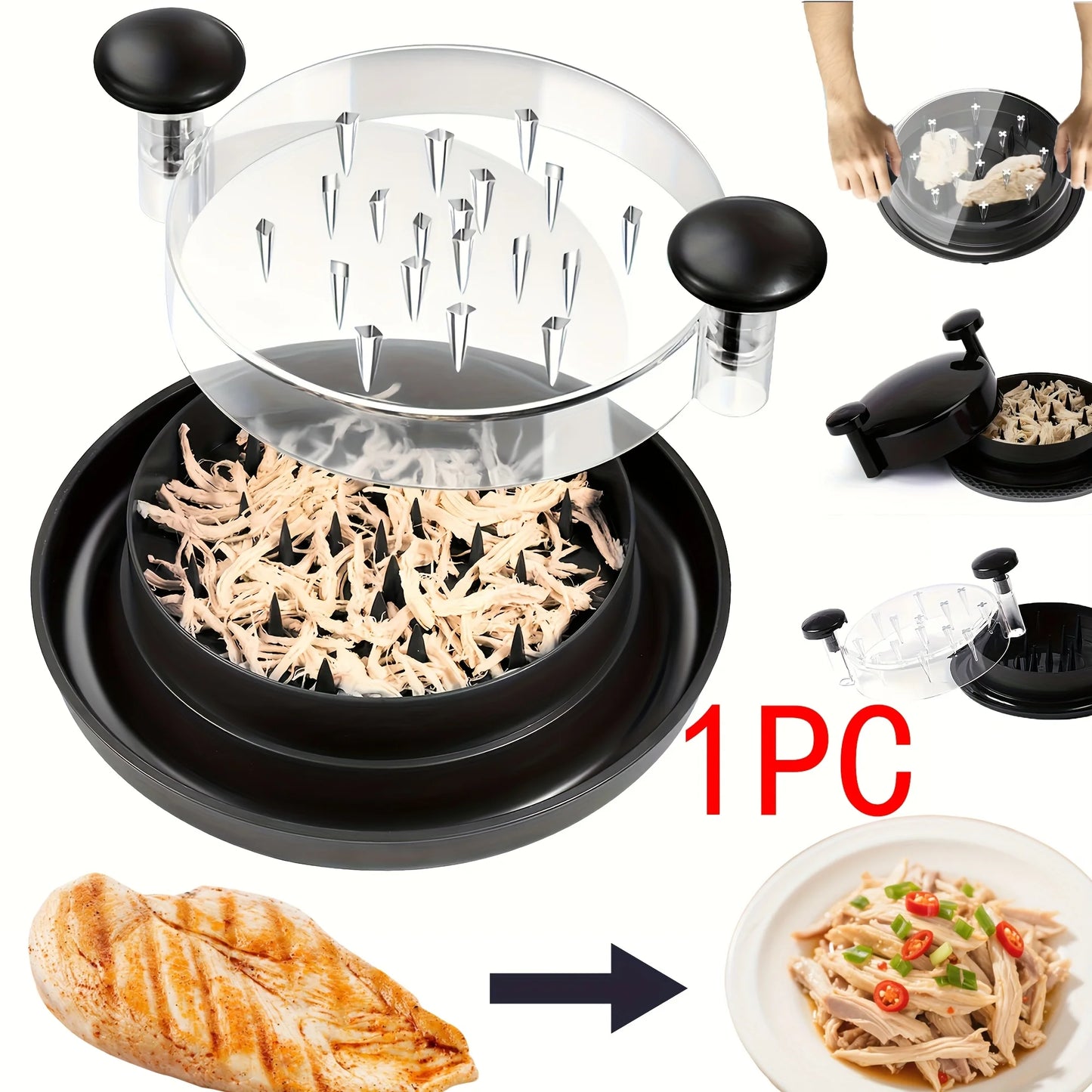 Enhanced Chicken Shredder with Clear Lid, Oversized Non-Slip Blade for Meat and Vegetables, Effortless Cleaning
