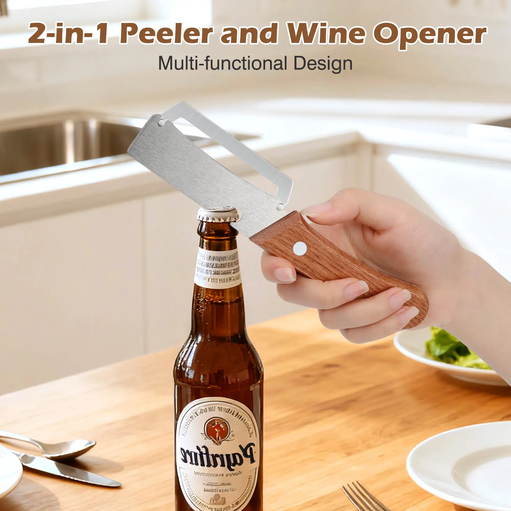 Ergonomic Wooden-Handled Vegetable and Fruit Peeler with Stainless Steel Blade and Integrated Bottle Opener