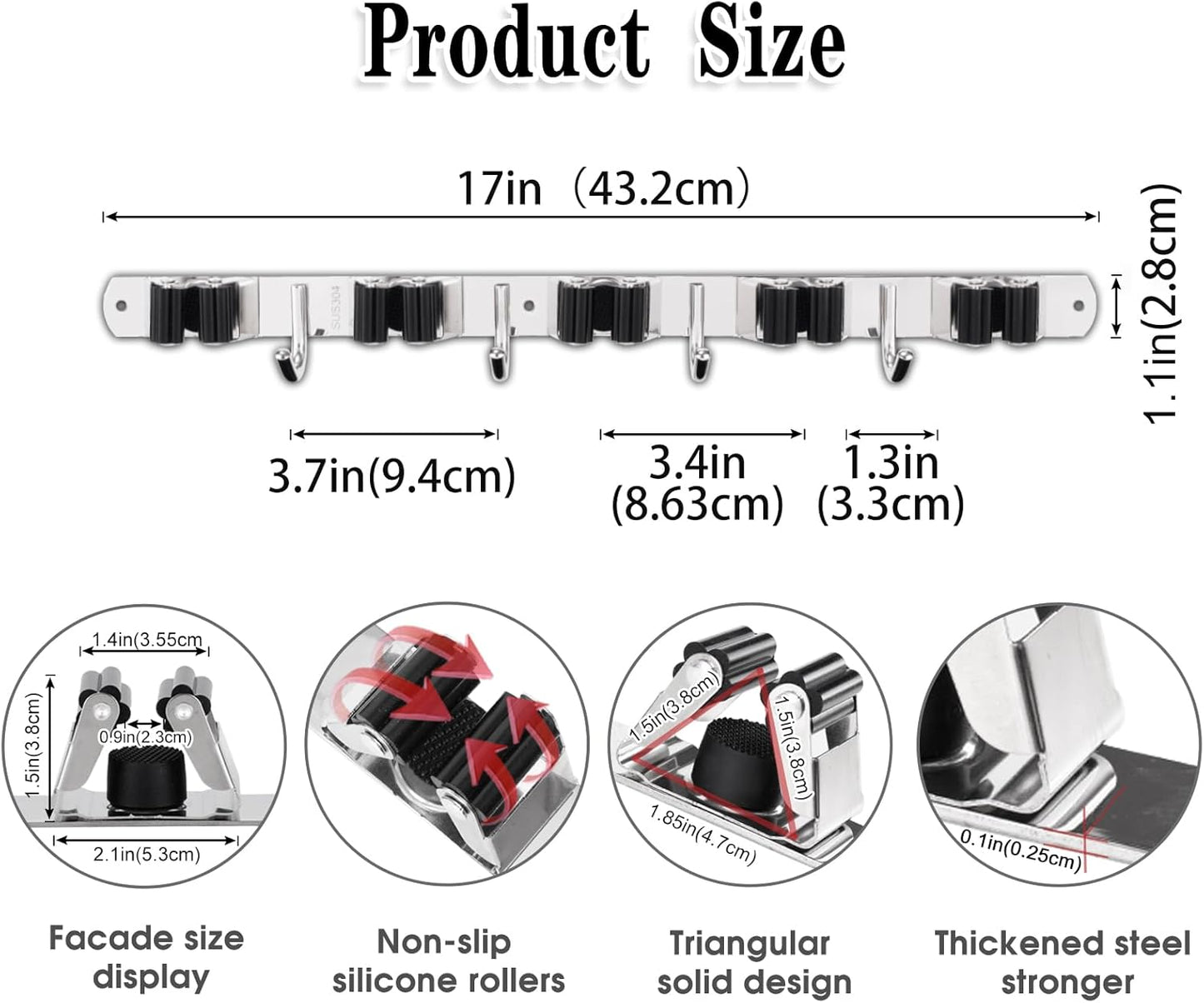 Heavy-Duty Stainless Steel Wall-Mounted Broom Holder with 5 Holders and 4 Hooks, Includes Nails for Installation, Self-Adhesive Mop and Brush Storage Solution