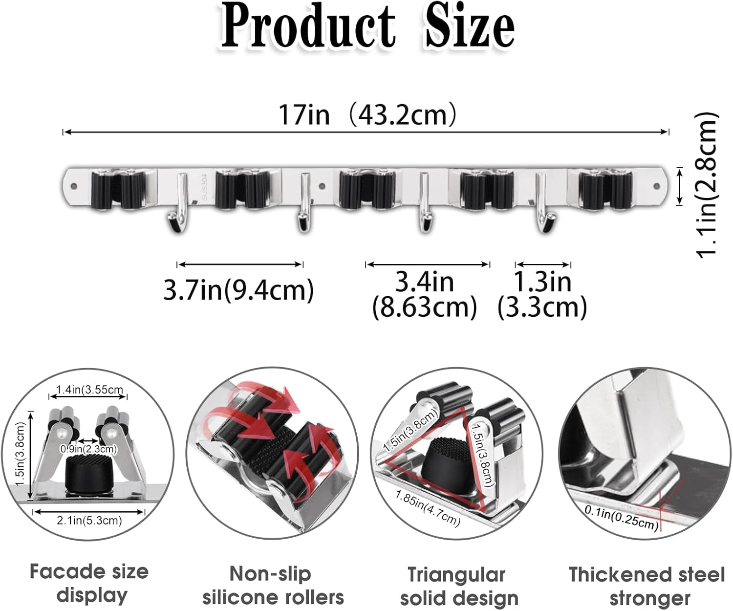 Heavy-Duty Stainless Steel Wall-Mounted Broom Holder with 5 Holders and 4 Hooks, Includes Nails for Installation, Self-Adhesive Mop and Brush Storage Solution