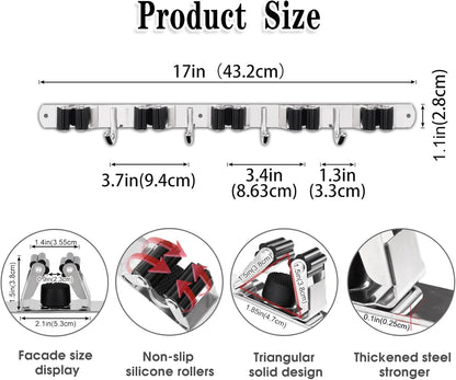 Heavy-Duty Stainless Steel Wall-Mounted Broom Holder with 5 Holders and 4 Hooks, Includes Nails for Installation, Self-Adhesive Mop and Brush Storage Solution