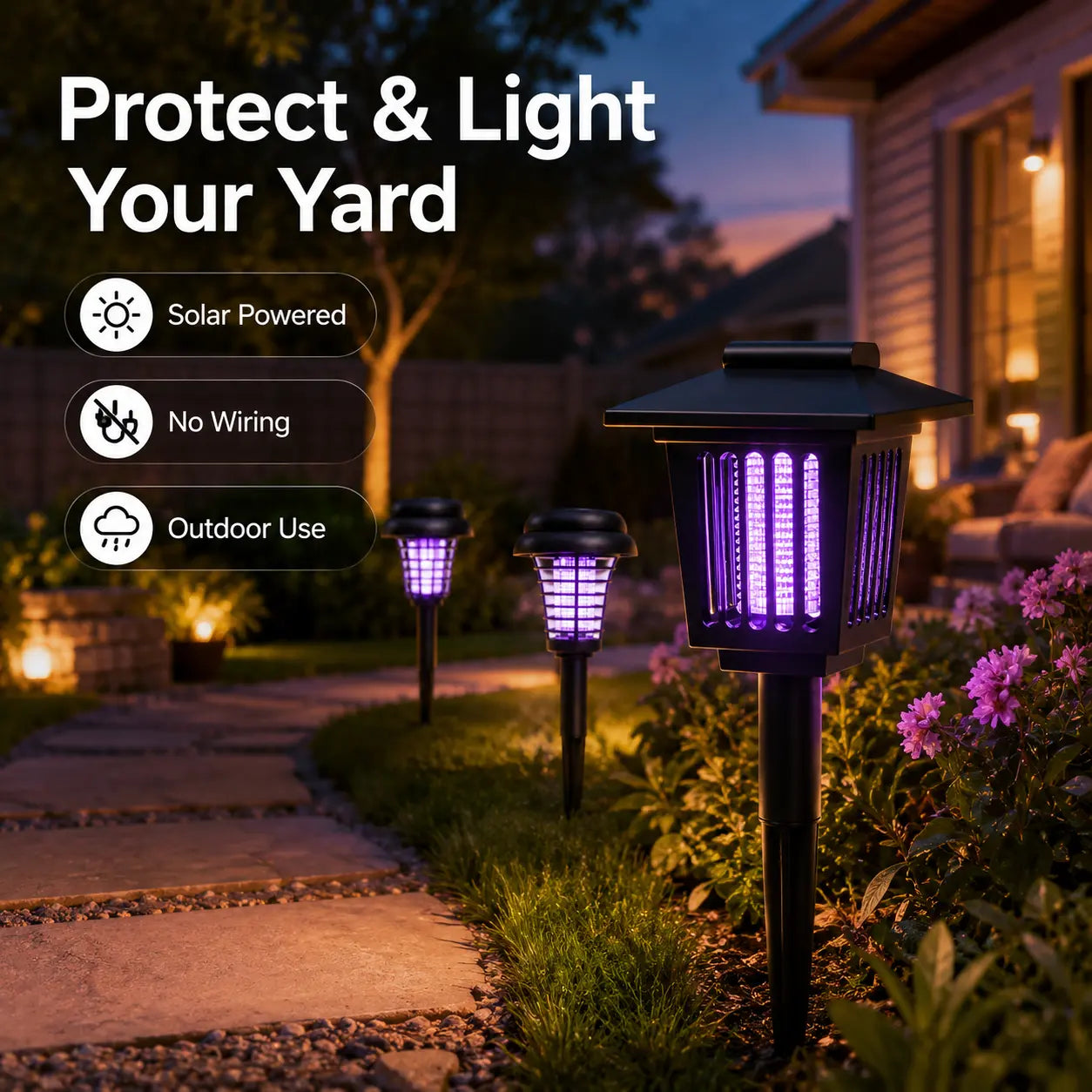 Solar-Powered Mosquito Zapper and Garden Stake Lamp – Dual-Mode Insect Control and Pathway Lighting, Weather-Resistant, Easy Installation, Available in Round and Square Designs