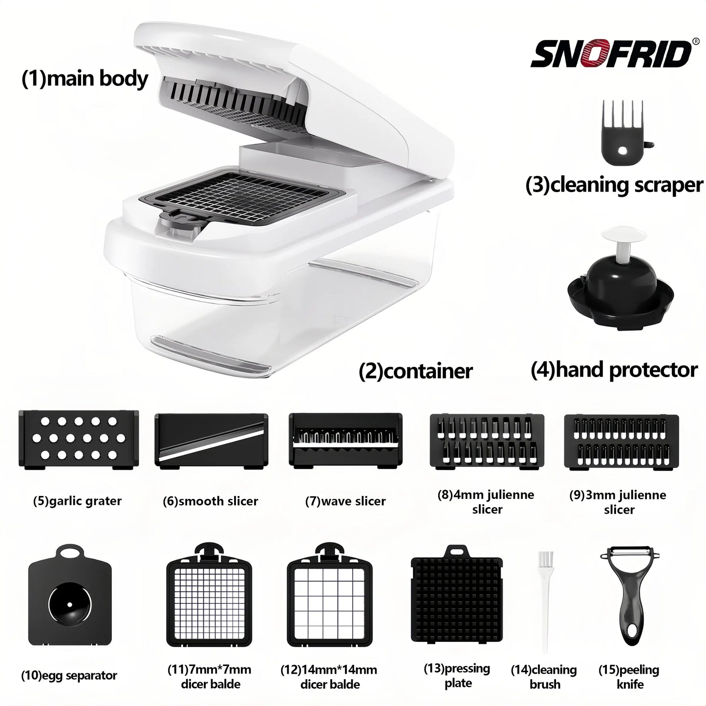 Snofrid 15-in-1 Multifunctional Vegetable Chopper - Professional Onion Chopper with 8 Blades and Container for Efficient Salad, Potato, Carrot, and Garlic Preparation