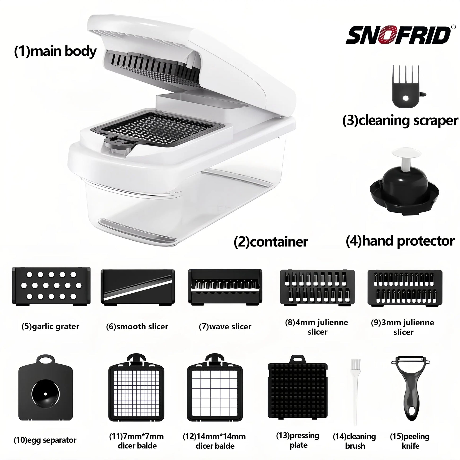 Snofrid 15-in-1 Multifunctional Vegetable Chopper - Professional Onion Chopper with 8 Blades and Container for Efficient Salad, Potato, Carrot, and Garlic Preparation