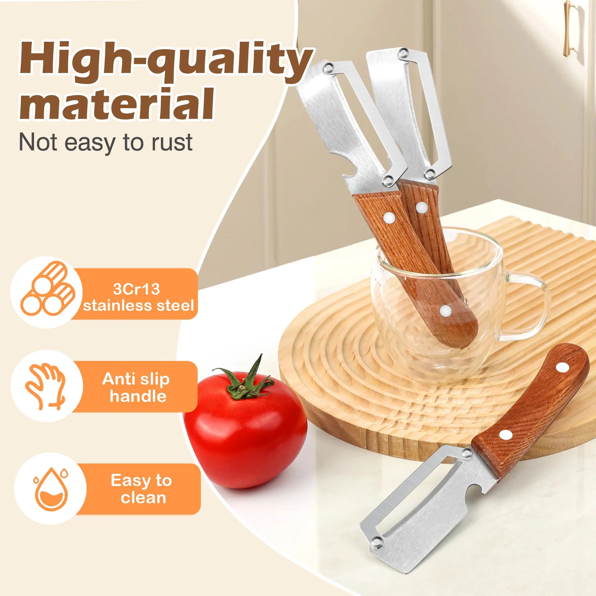 Ergonomic Wooden-Handled Vegetable and Fruit Peeler with Stainless Steel Blade and Integrated Bottle Opener