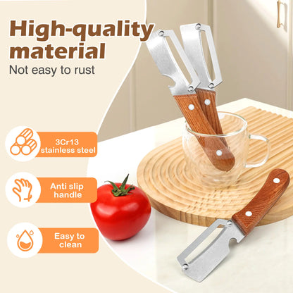 Ergonomic Wooden-Handled Vegetable and Fruit Peeler with Stainless Steel Blade and Integrated Bottle Opener