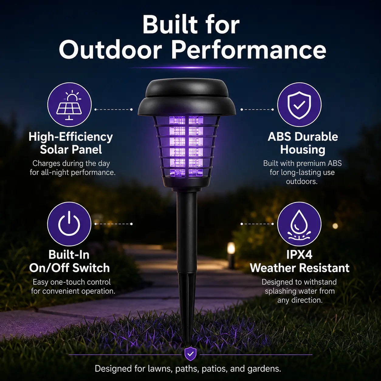 Solar-Powered Mosquito Zapper and Garden Stake Lamp – Dual-Mode Insect Control and Pathway Lighting, Weather-Resistant, Easy Installation, Available in Round and Square Designs