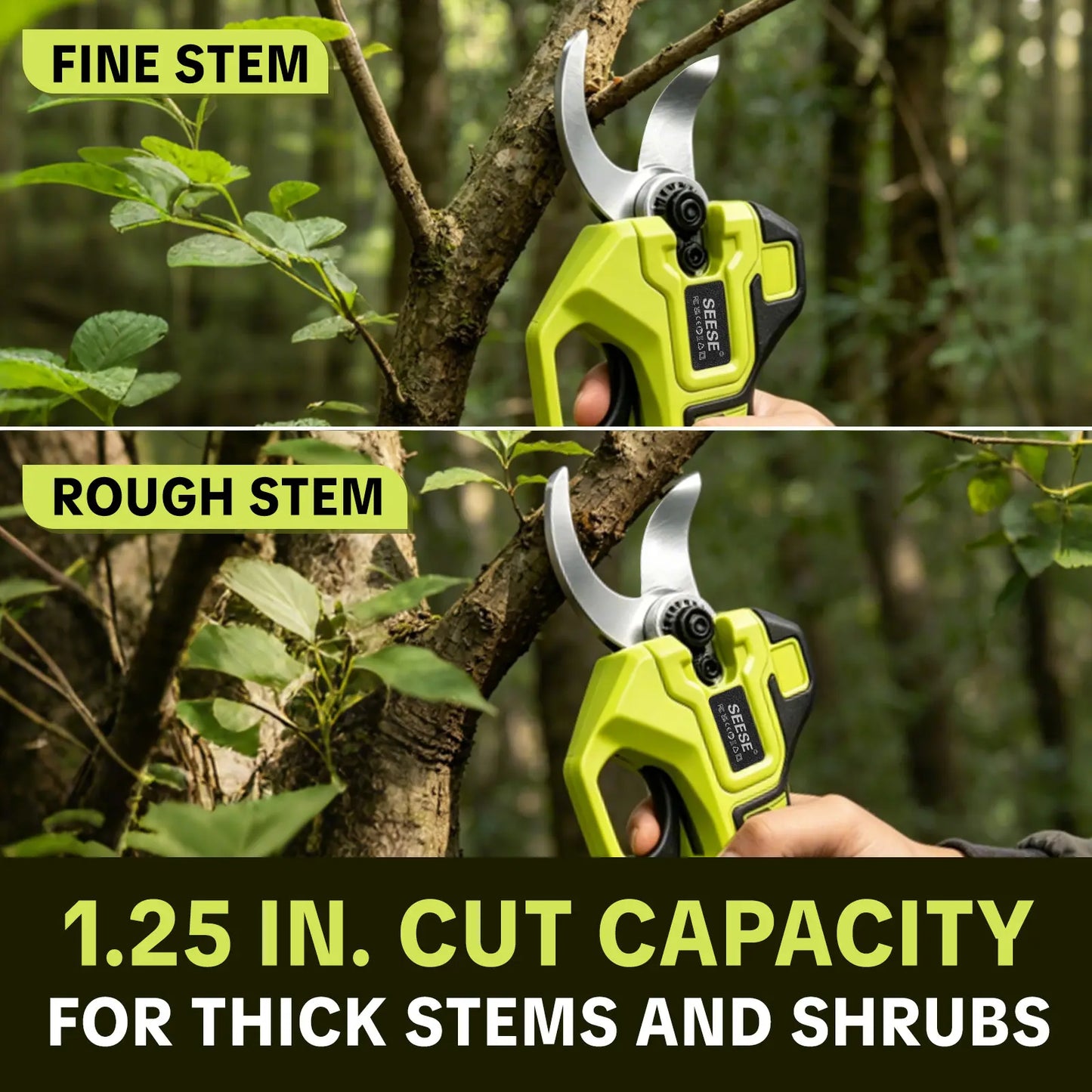 SEESE Cordless Electric Pruning Shears: 1.25" Cutting Capacity, Brushless Motor, Dual 21V Battery for Tree and Flower Trimming