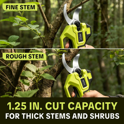 SEESE Cordless Electric Pruning Shears: 1.25" Cutting Capacity, Brushless Motor, Dual 21V Battery for Tree and Flower Trimming