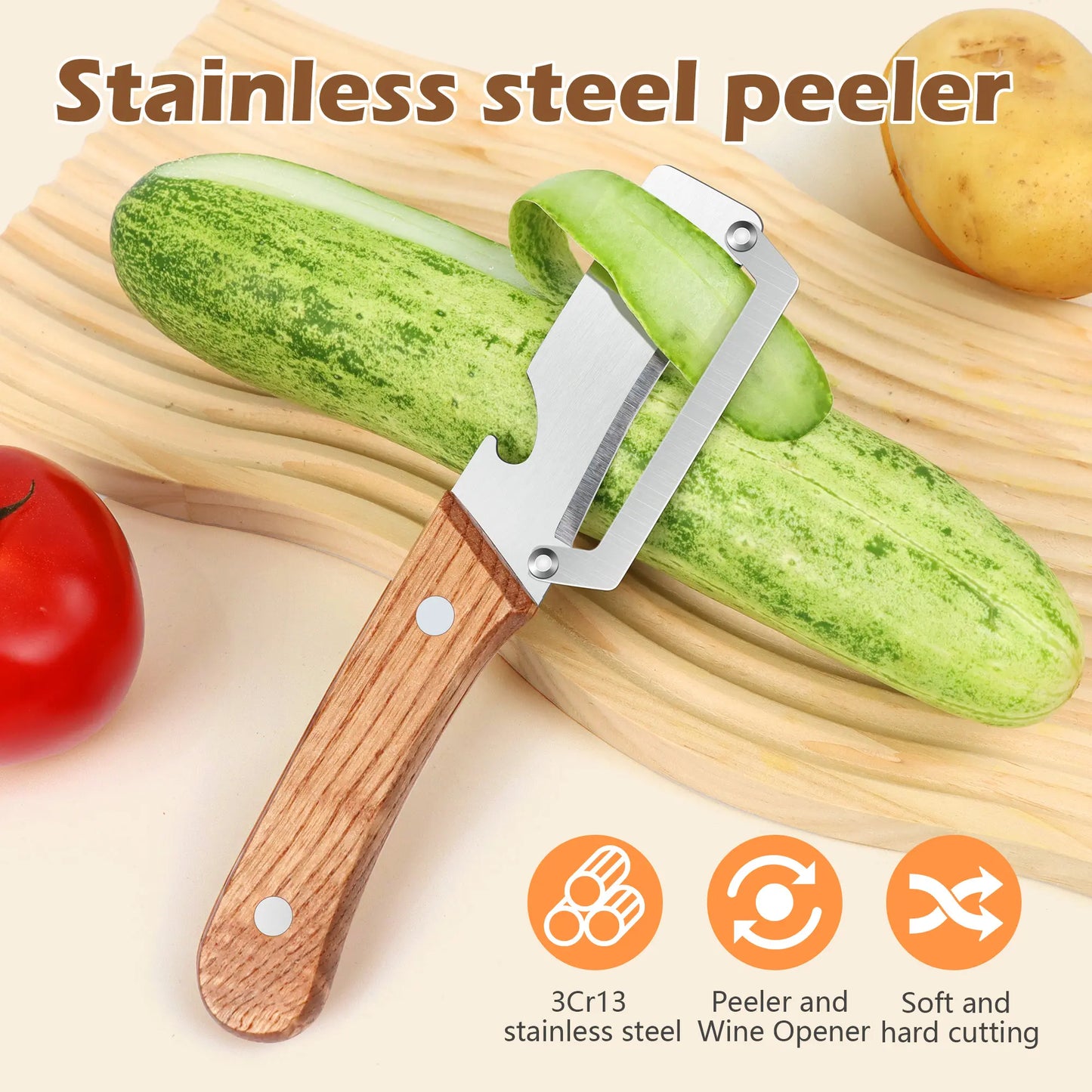 Ergonomic Wooden-Handled Vegetable and Fruit Peeler with Stainless Steel Blade and Integrated Bottle Opener