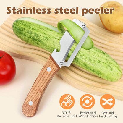 Ergonomic Wooden-Handled Vegetable and Fruit Peeler with Stainless Steel Blade and Integrated Bottle Opener