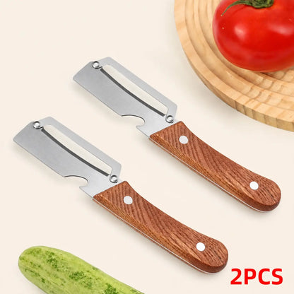 Ergonomic Wooden-Handled Vegetable and Fruit Peeler with Stainless Steel Blade and Integrated Bottle Opener